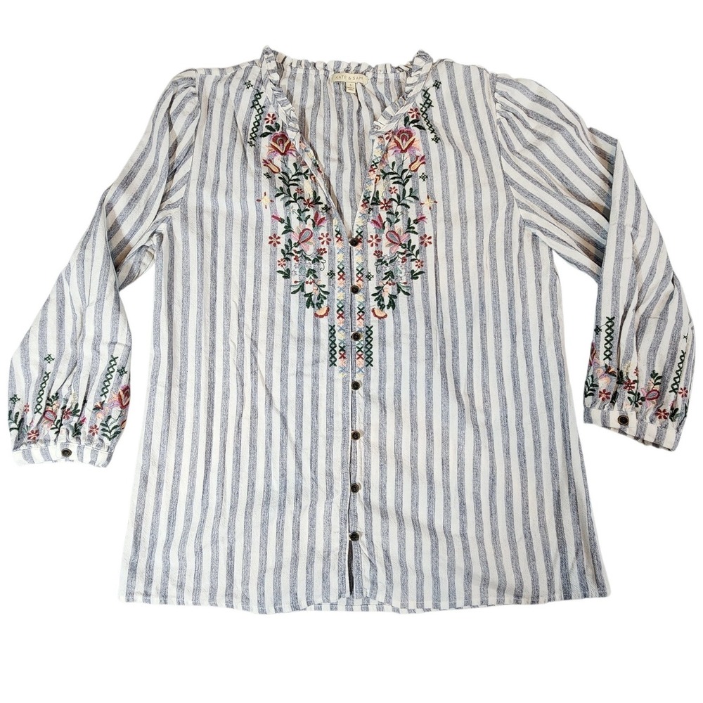 Kate & Sam Blouse Womens Small Blue White Striped Floral Embroidered Boho Top